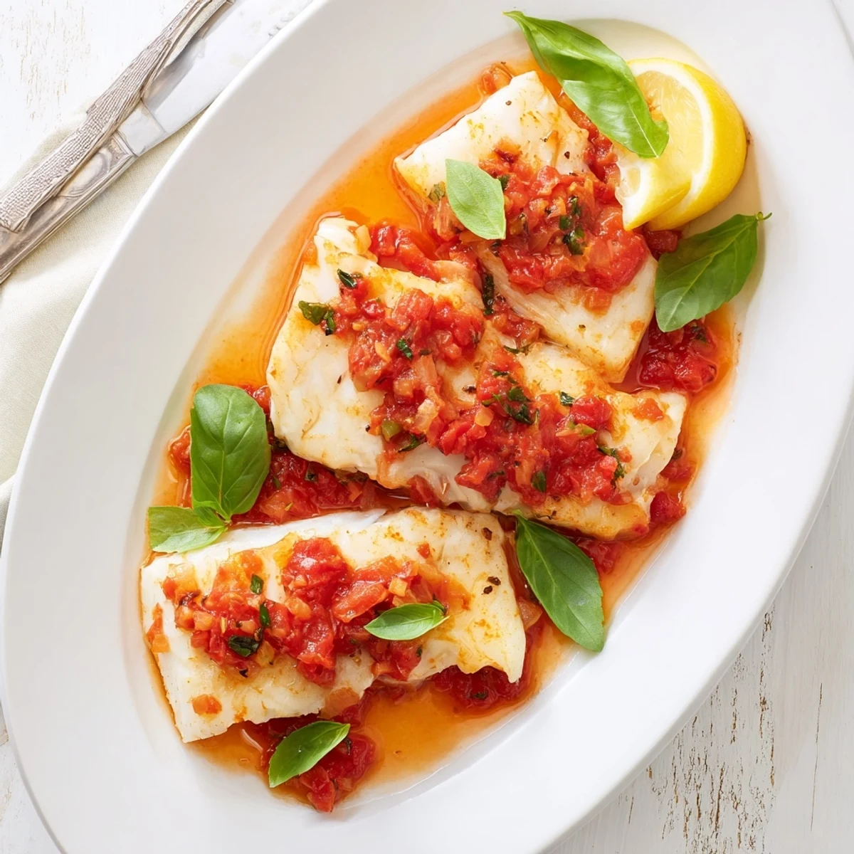 Flaky white halibut served in vibrant red tomato-butter sauce topped with lemon wedges