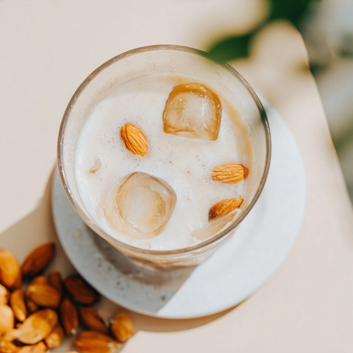 Chilled glass of refreshing summer roasted almond milk drink topped with cream and ice crystals
