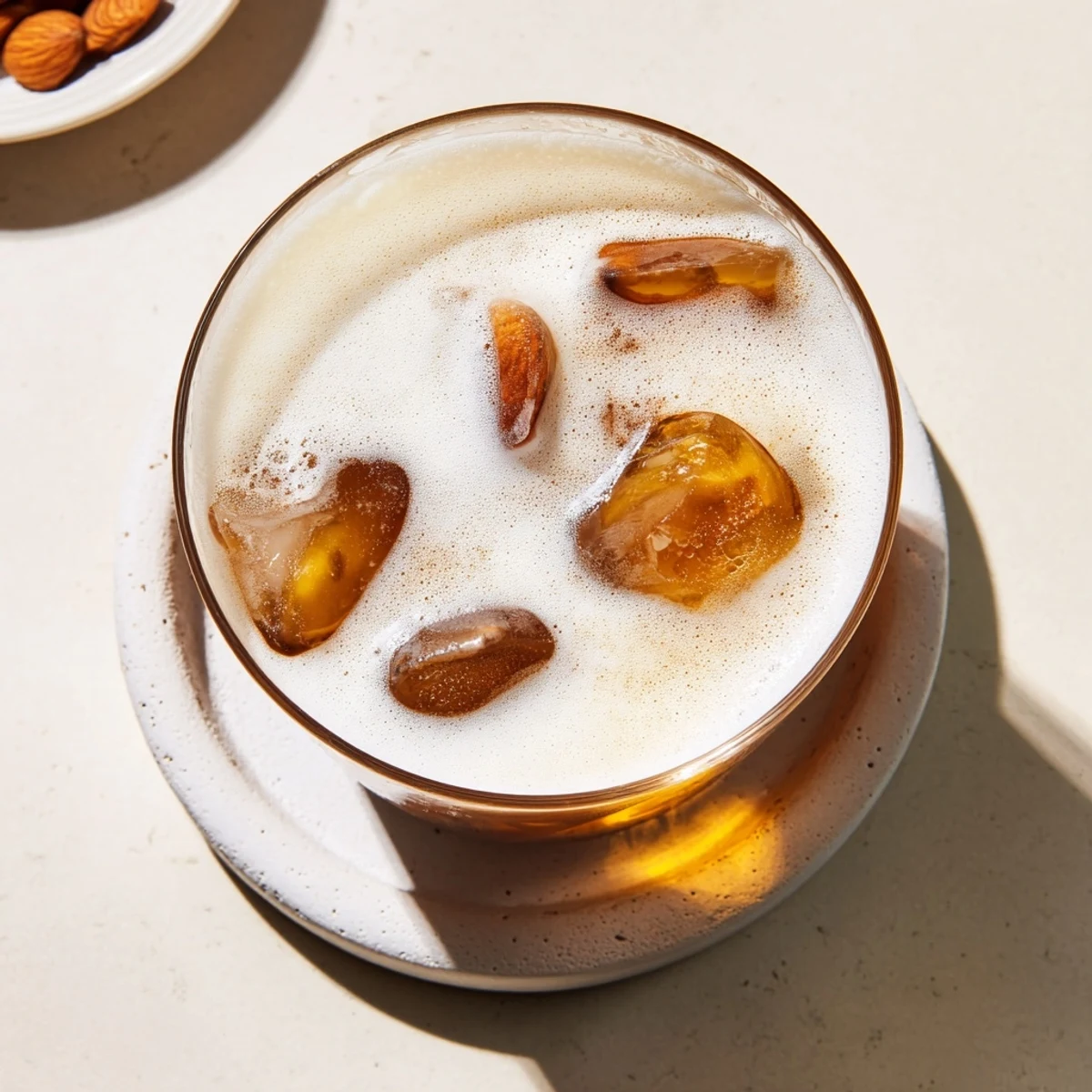 Golden brown roasted almonds blended into smooth white drink with cream swirl and ice cubes