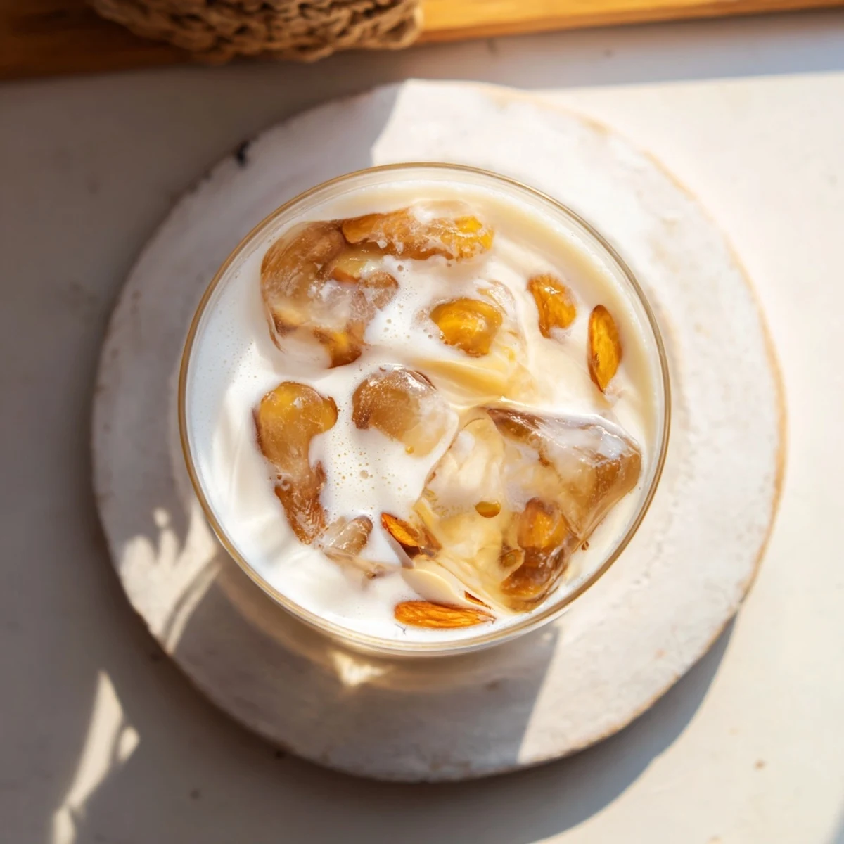 Creamy roasted almond milk beverage served over ice in a tall glass with nutty garnish