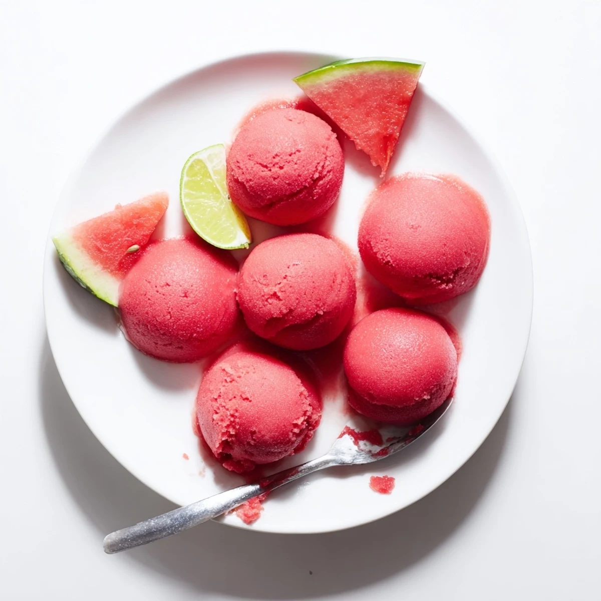 Pink scoops of watermelon sorbet garnished with fresh mint in glass bowls
