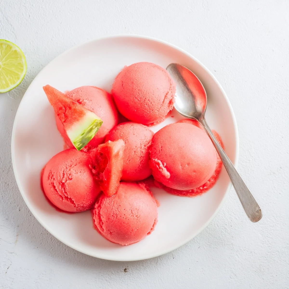 Vegan watermelon sorbet with bright pink scoops and lime wedge garnish