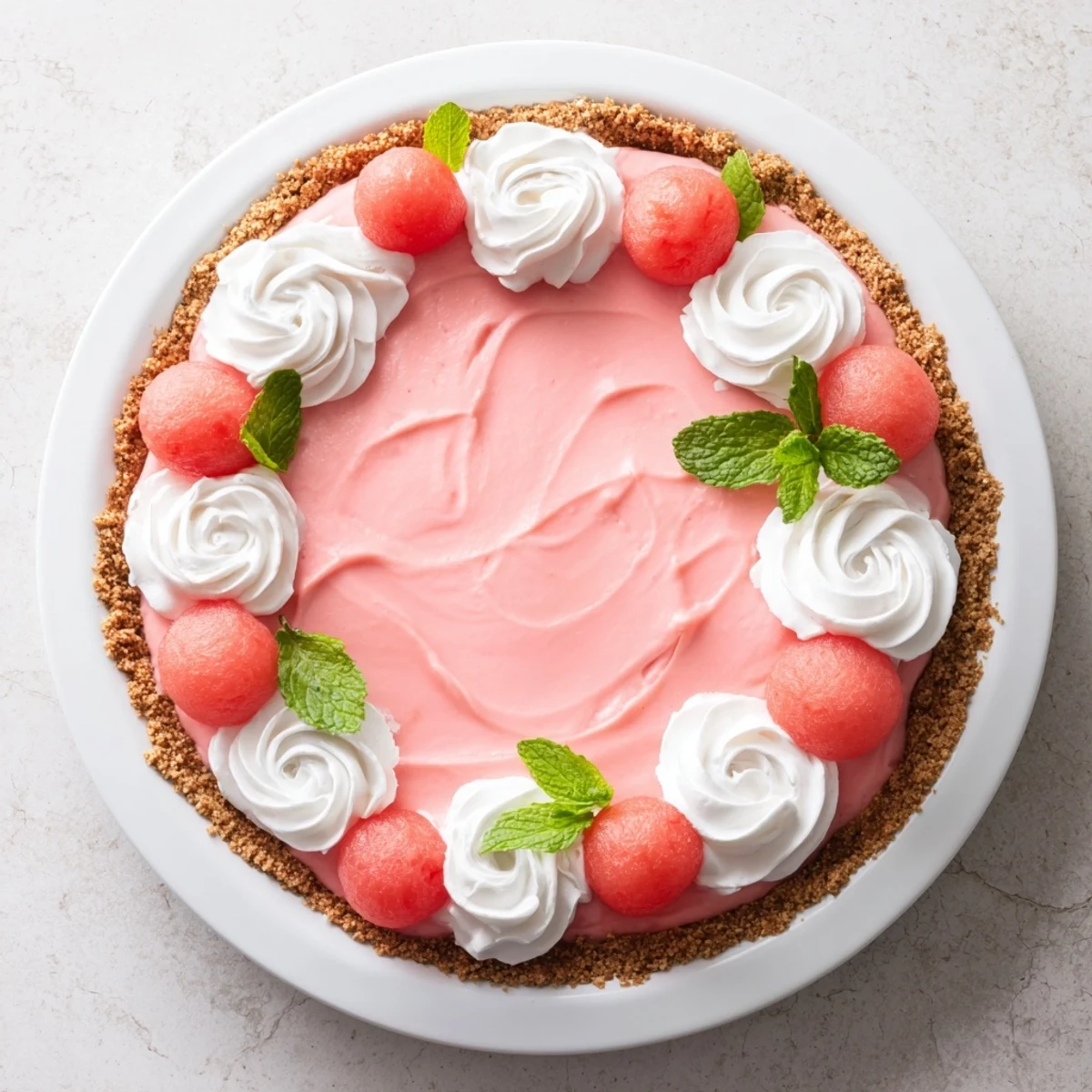 Chilled watermelon pie with creamy pink filling nestled in golden graham cracker crust