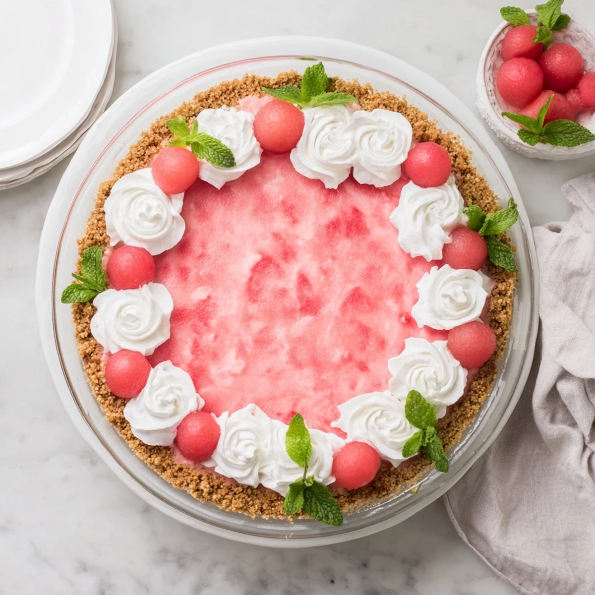 Sliced watermelon pie dessert topped with fresh whipped cream and green mint leaves