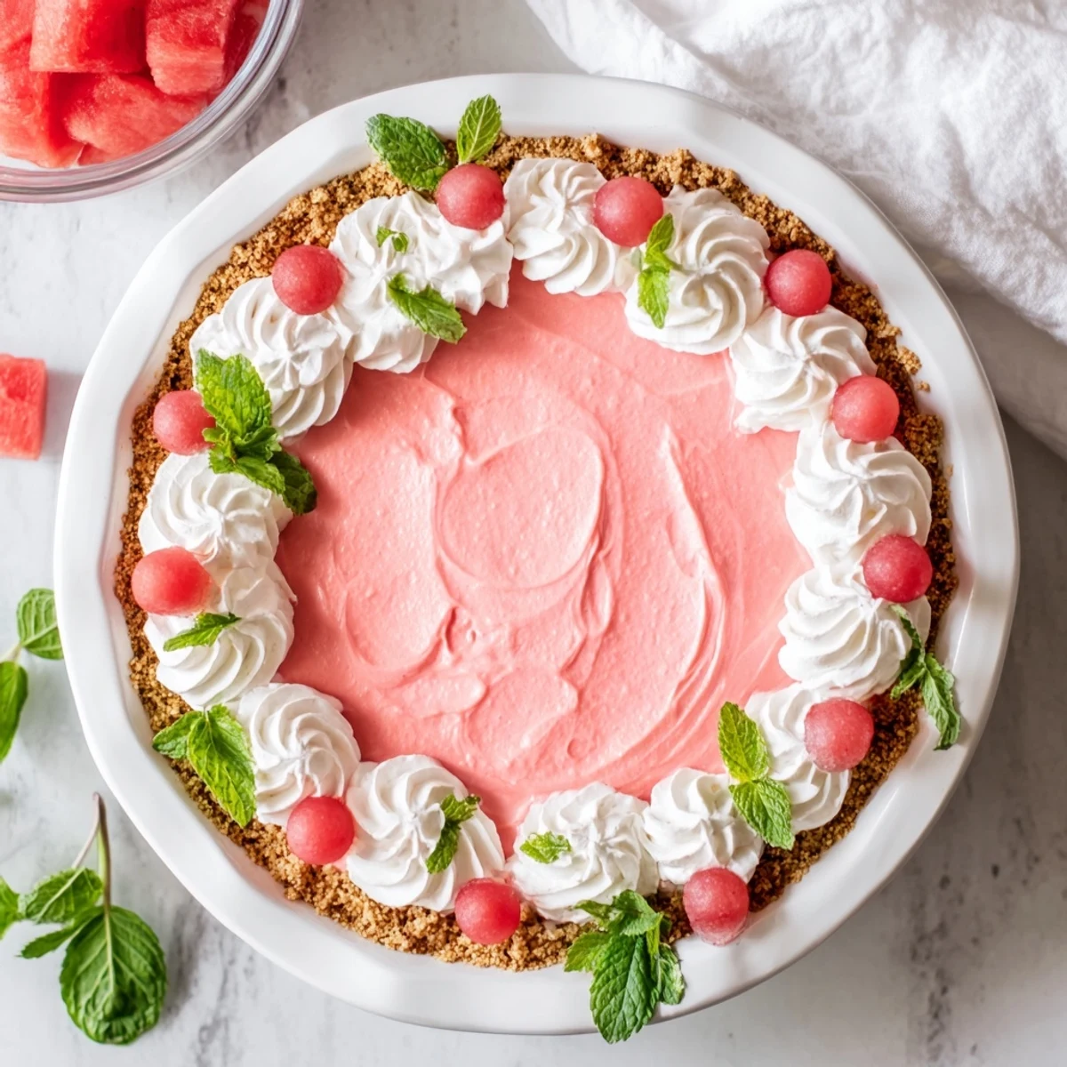 Summer watermelon pie displaying smooth pink filling and crisp crust on white serving plate