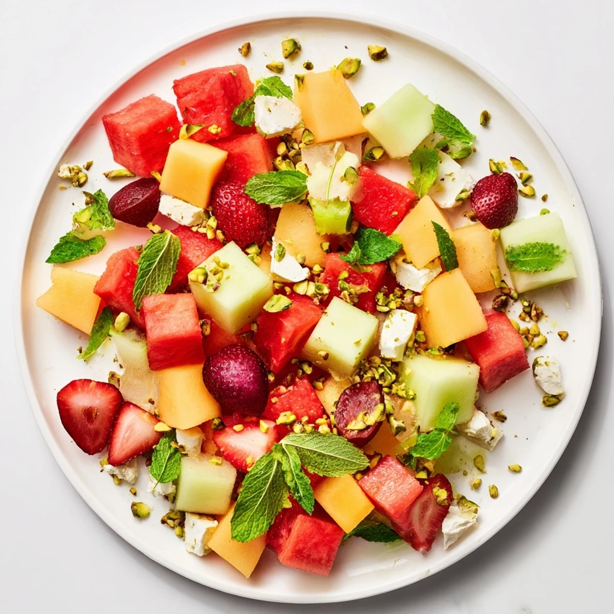 Colorful summer fruit salad bowl with watermelon, strawberries, melon, feta, and fresh mint leaves