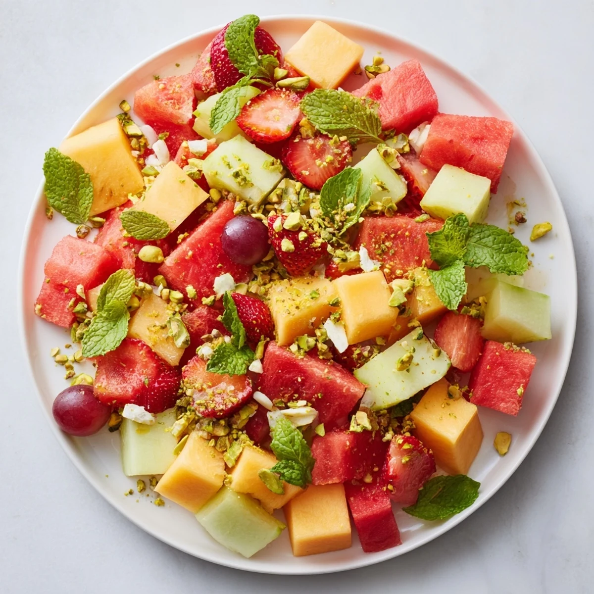 Vibrant summer fruit salad with ripe strawberries, grapes, honeydew, cantaloupe, and tangy feta cheese topping