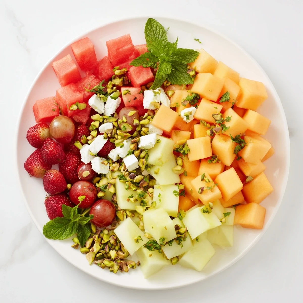 Refreshing mixed fruit salad featuring cubed melons, berries, and crumbled feta on a white serving dish