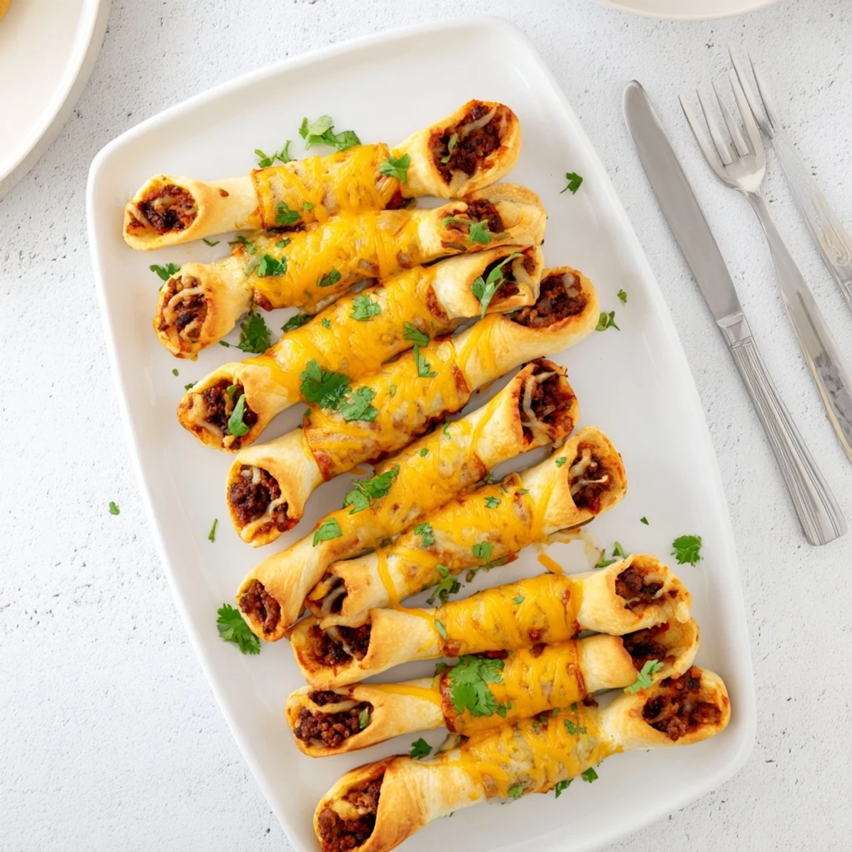Golden cheesy taco sticks baked to perfection with seasoned beef and melted cheese