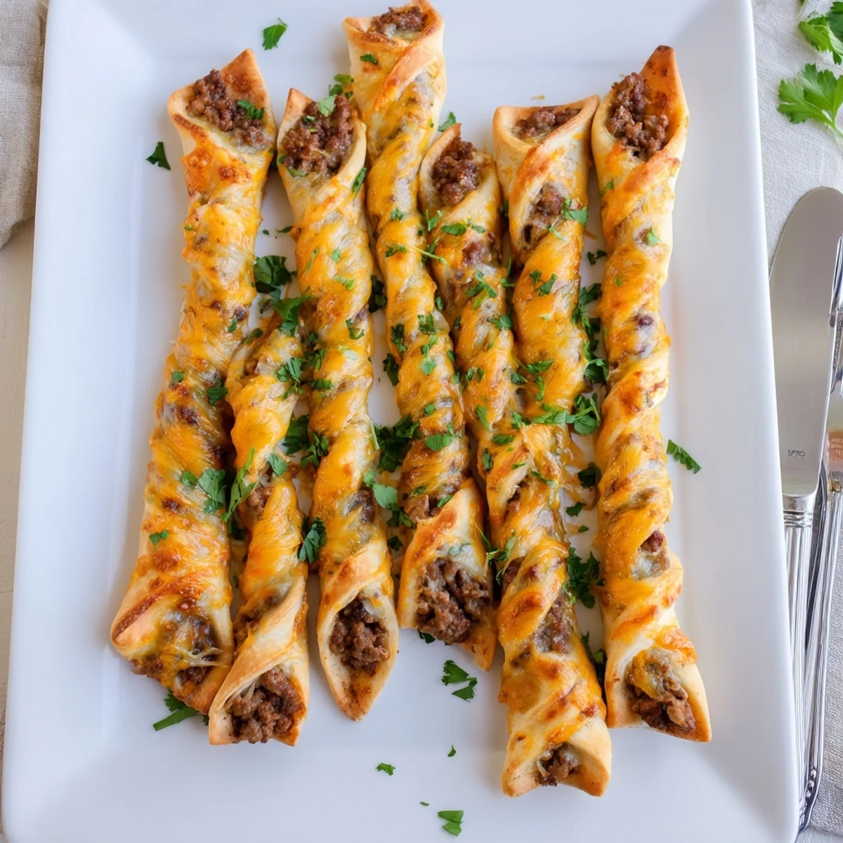 Warm Tex-Mex appetizer featuring pizza dough wrapped around taco meat and gooey cheese