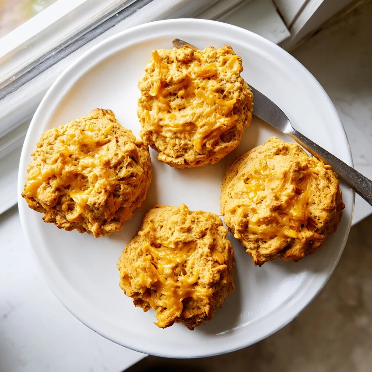 Golden brown breakfast protein biscuits fresh from the oven with golden cheesy tops
