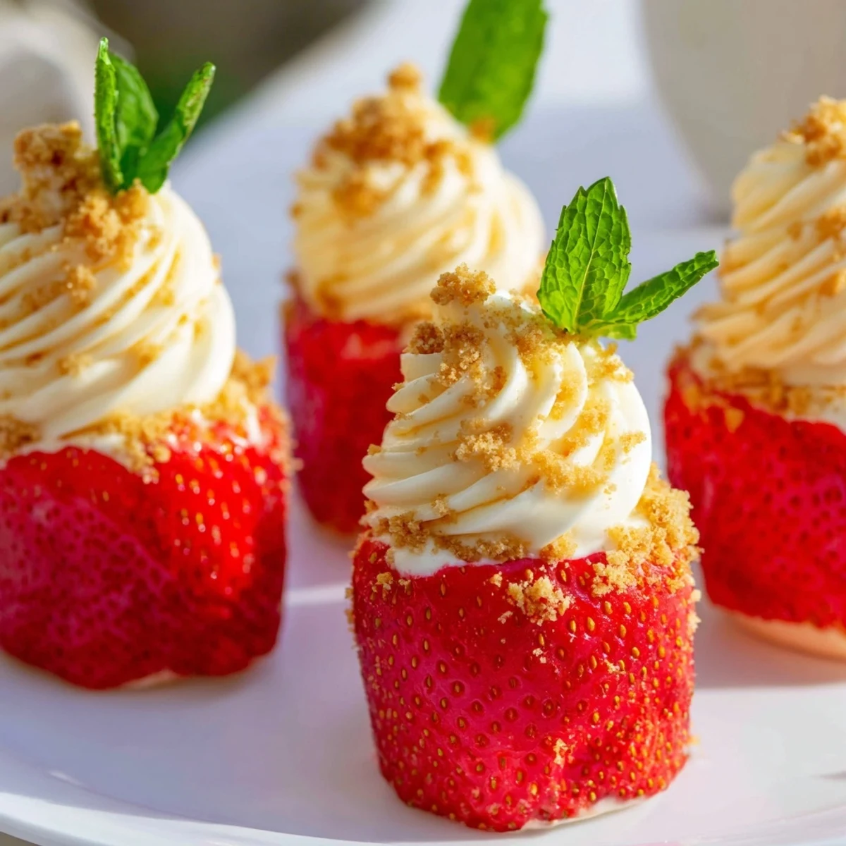 Fresh sweetheart cheesecake deviled strawberries topped with creamy cheesecake filling and graham cracker crumbs