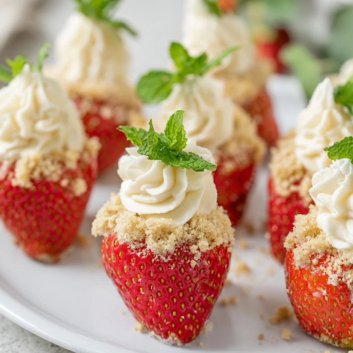 Plated sweetheart cheesecake deviled strawberries piped with smooth vanilla cream cheese and chocolate chip garnish