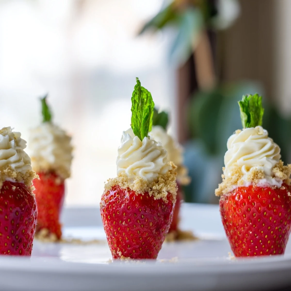 Romantic sweetheart cheesecake deviled strawberries arranged on serving dish with mint leaves and star-topped filling