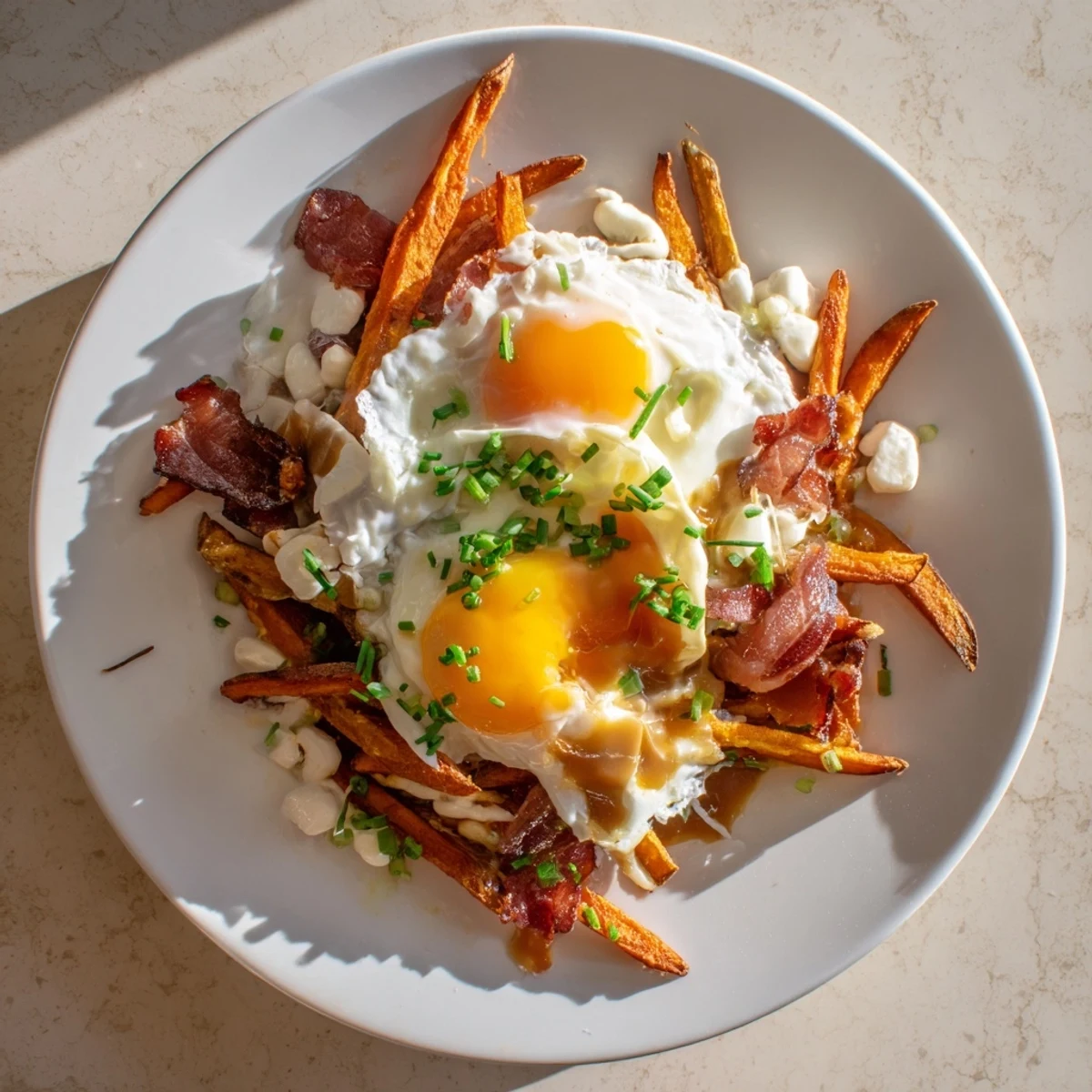 Golden crispy breakfast poutine loaded with cheese curds, bacon, and a perfectly cooked egg