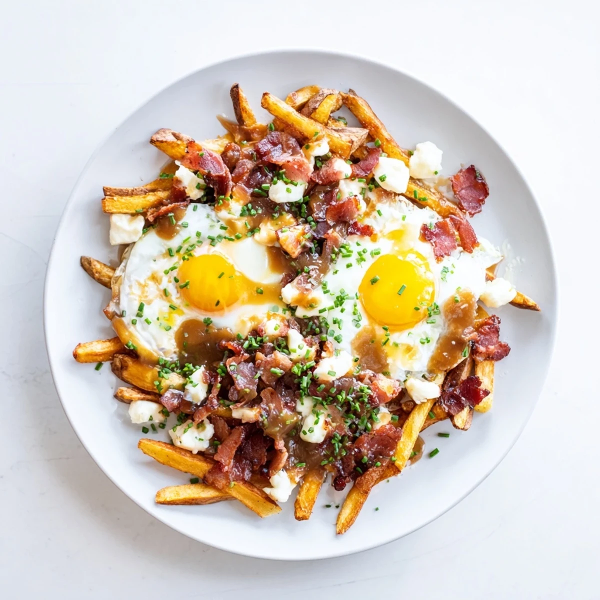 Hearty breakfast poutine featuring smoky bacon, rich gravy, and melty cheese over oven-baked fries
