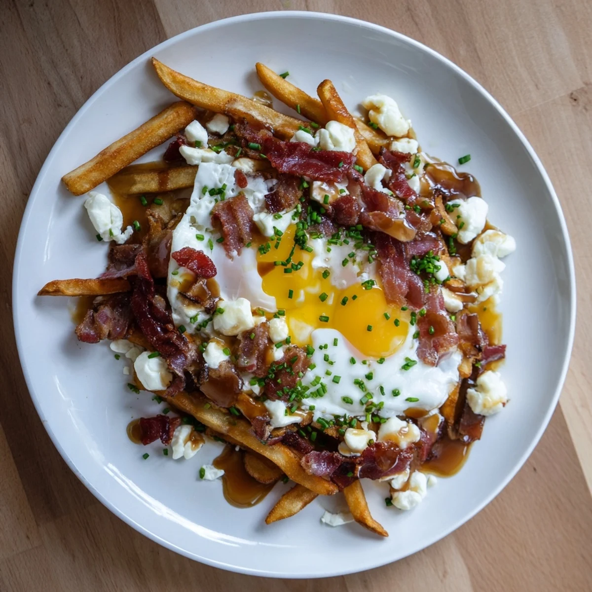 Ultimate breakfast poutine topped with a runny egg, crispy bacon, and savory homemade beef gravy