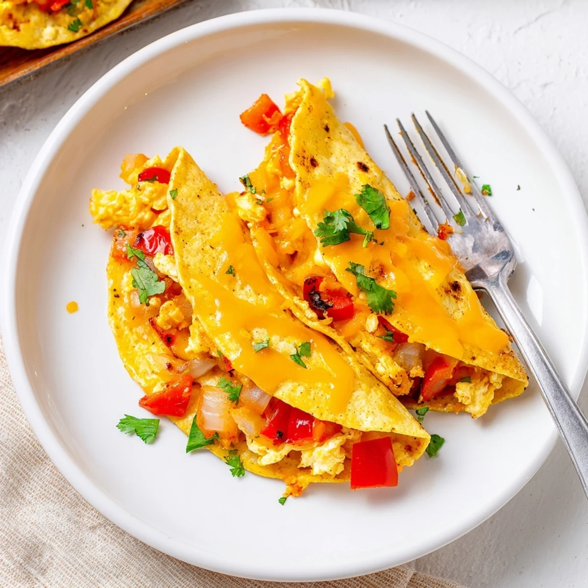 Golden baked breakfast tacos filled with fluffy eggs, melted cheddar, and colorful vegetables