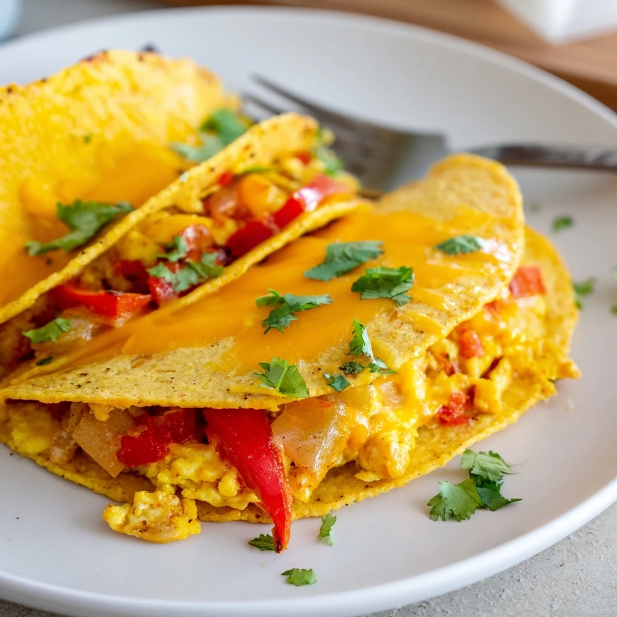 Crispy oven-baked breakfast tacos topped with avocado, salsa, and fresh cilantro garnish