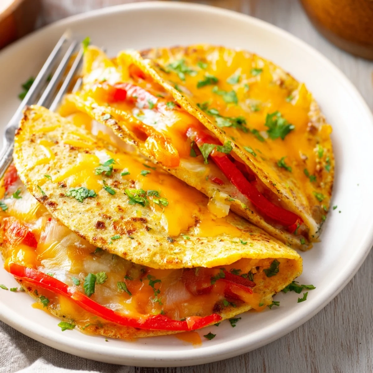 Savory breakfast tacos bubbling with cheese, spinach, and peppers on a baking sheet