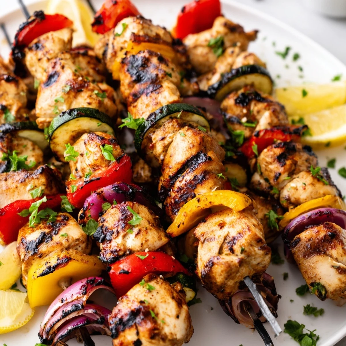 Grilled Chicken Kabobs sizzling on the grill, charred edges, vibrant peppers  