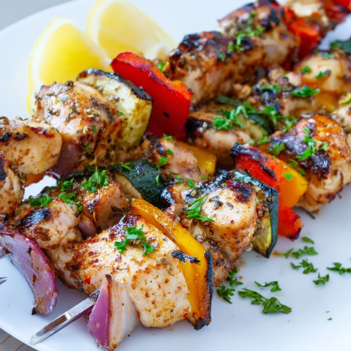 Juicy Grilled Chicken Kabobs threaded with colorful vegetables, served with lemon  