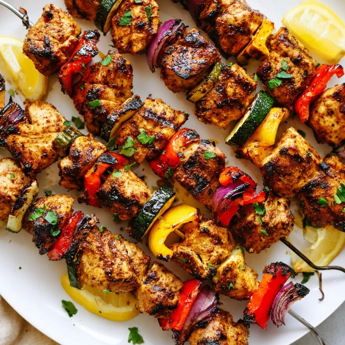 Marinated Grilled Chicken Kabobs resting on a platter, parsley garnish, smoky aroma