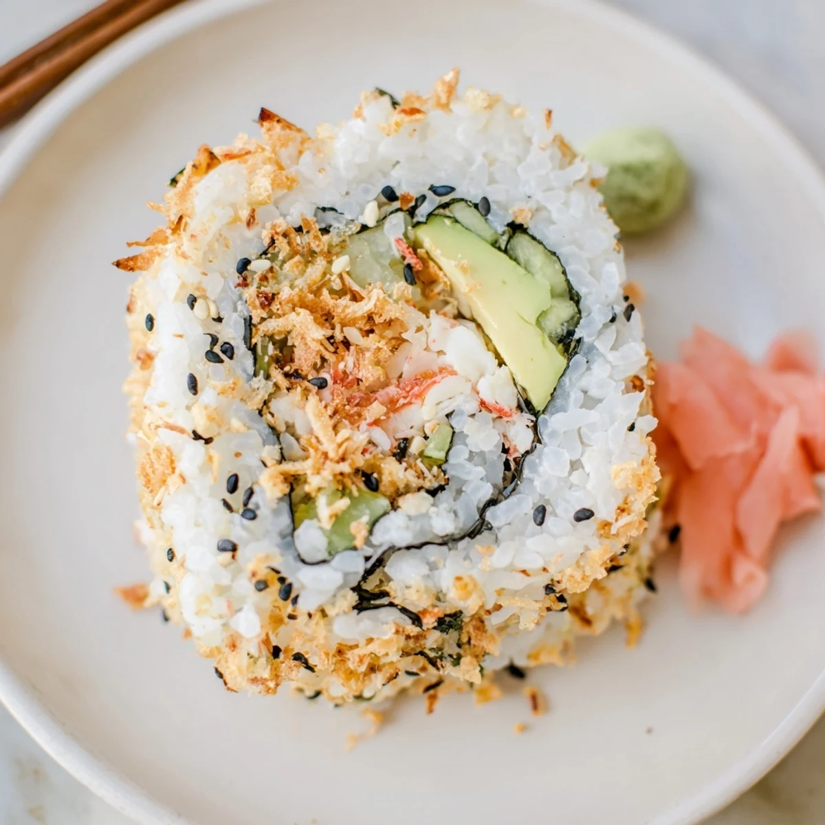 California Crunch Roll Sushi with creamy crab, avocado slices, and crispy tempura flakes