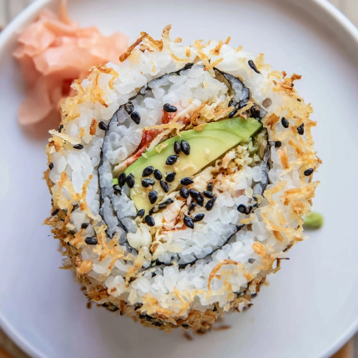 Close-up of California Crunch Roll Sushi served with soy sauce, pickled ginger