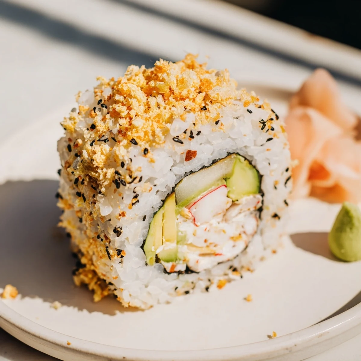 Sliced California Crunch Roll Sushi revealing creamy crab, bright avocado, crunchy sesame topping