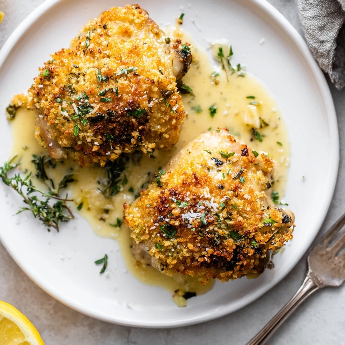 Golden Herb Crusted Chicken Thighs In Creamy Garlic Sauce, juicy skin and fragrant herbs.