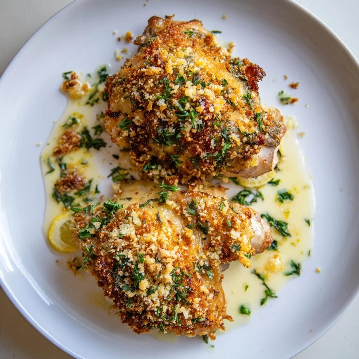 Family-style Golden Herb Crusted Chicken Thighs In Creamy Garlic Sauce over mashed potatoes.