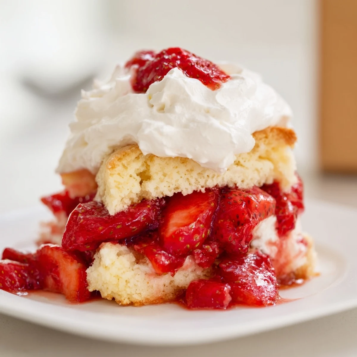 Golden strawberry shortcake stacked with macerated berries and fluffy whipped cream on white plate