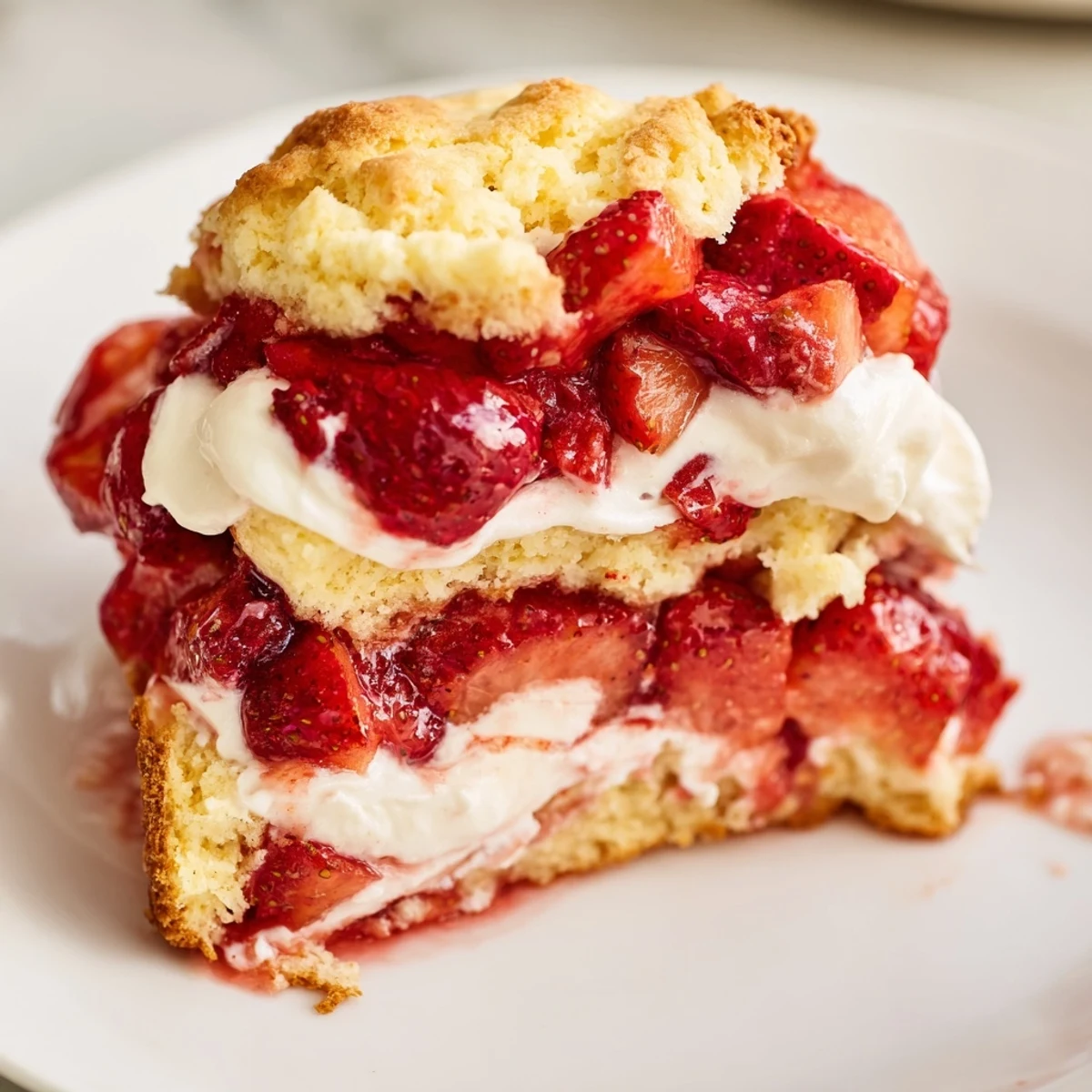 Classic strawberry shortcake dessert split open revealing sweet juicy red berries and vanilla cream topping