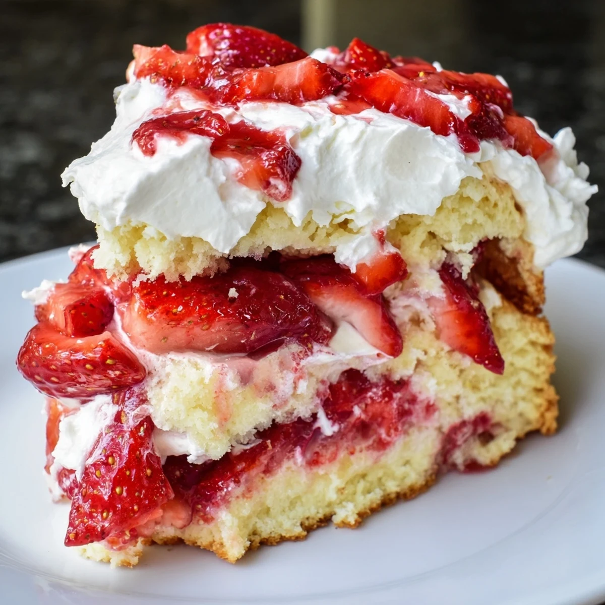 Homemade strawberry shortcake featuring golden biscuits topped with fresh sugared strawberries and clouds of whipped cream