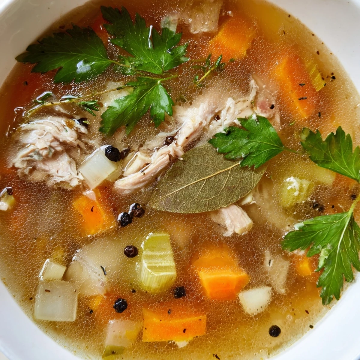 Golden homemade chicken bone broth slow cooker simmered with vegetables and aromatic herbs