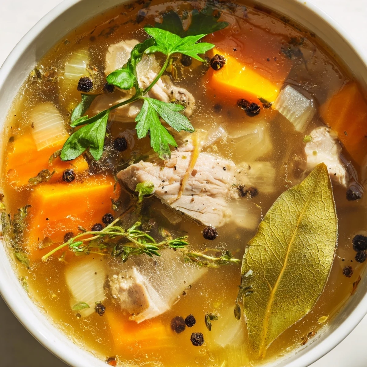 Rich chicken bone broth slow cooker recipe steaming in a white ceramic bowl