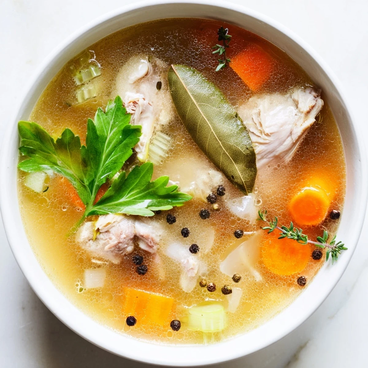 Nourishing slow cooker chicken bone broth ladled into mugs with fresh parsley garnish