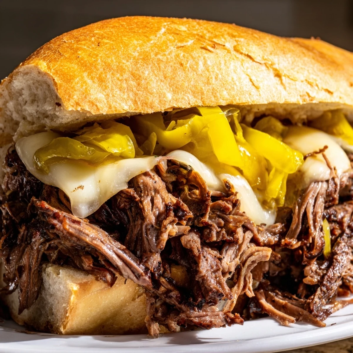Slow cooker Italian roast beef sandwiches piled with shredded beef, melted provolone, and tangy pepperoncini on toasted rolls