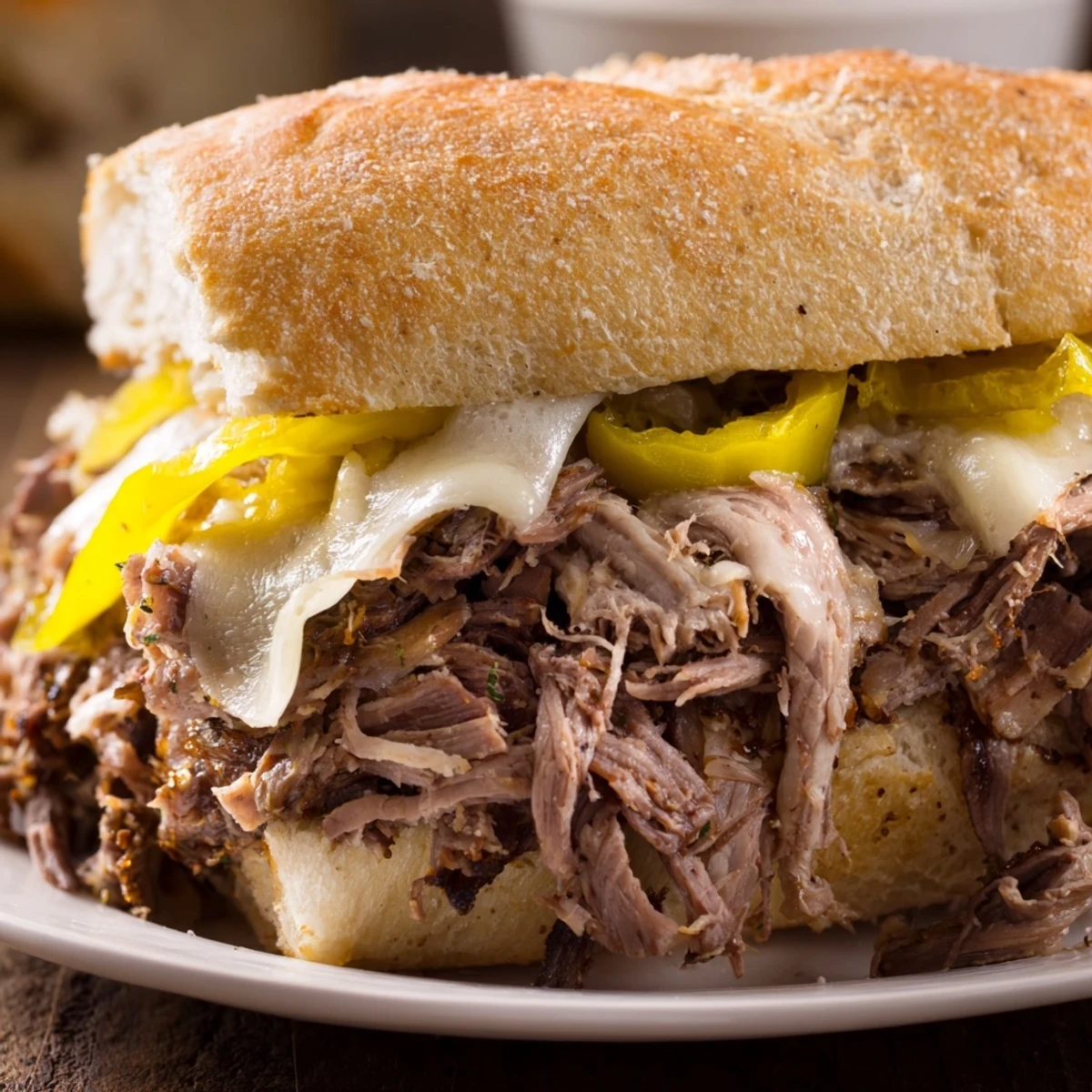 Hearty slow cooker Italian roast beef sandwiches featuring juicy shredded beef, provolone, and pepperoncini on golden toasted Italian rolls