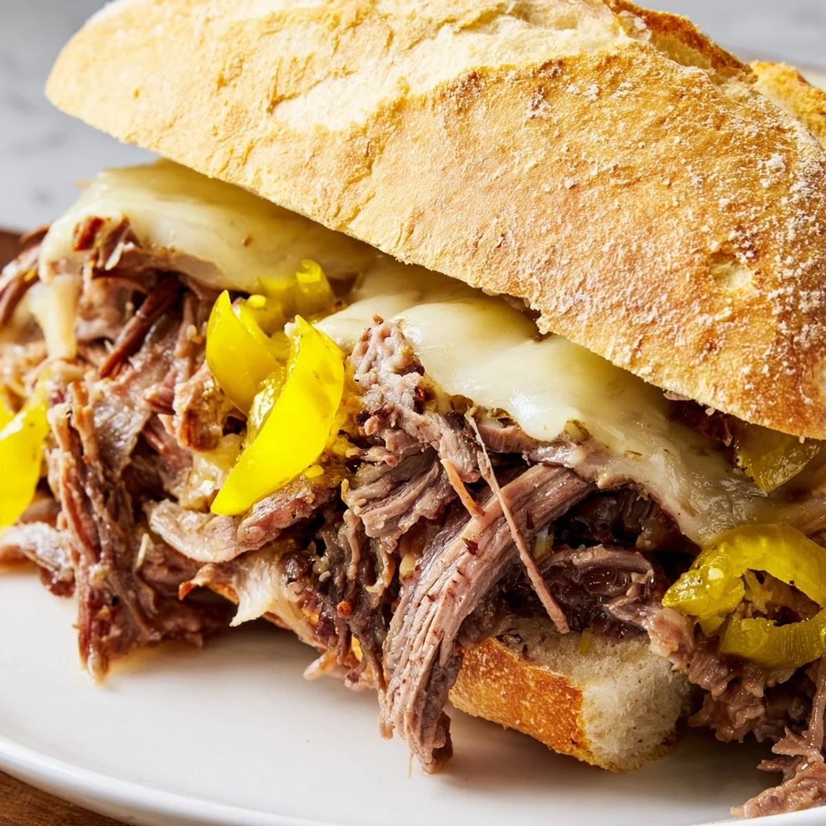 Tender Italian-style roast beef slow-cooked for hours and served on crusty hoagie rolls with gooey cheese and pickled peppers