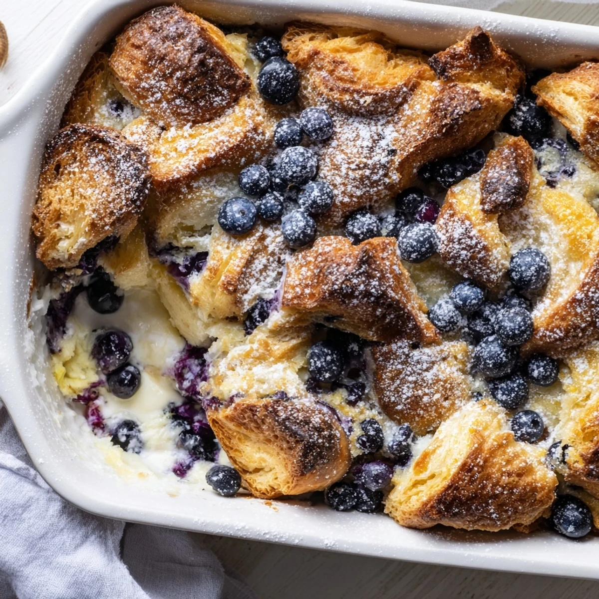 Golden brown blueberry cream cheese croissant casserole with bubbling berries and powdered sugar dusting