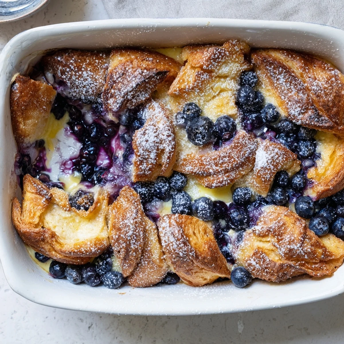 Slices of warm blueberry cream cheese croissant casserole served on a white plate with fresh mint garnish