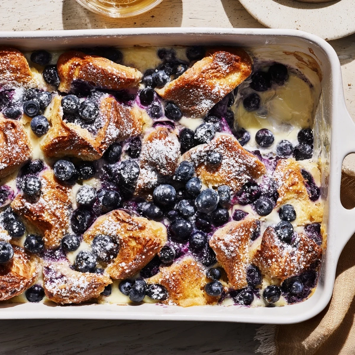 Buttery croissant pieces baked in creamy vanilla custard with juicy blueberry bursts throughout the breakfast bake
