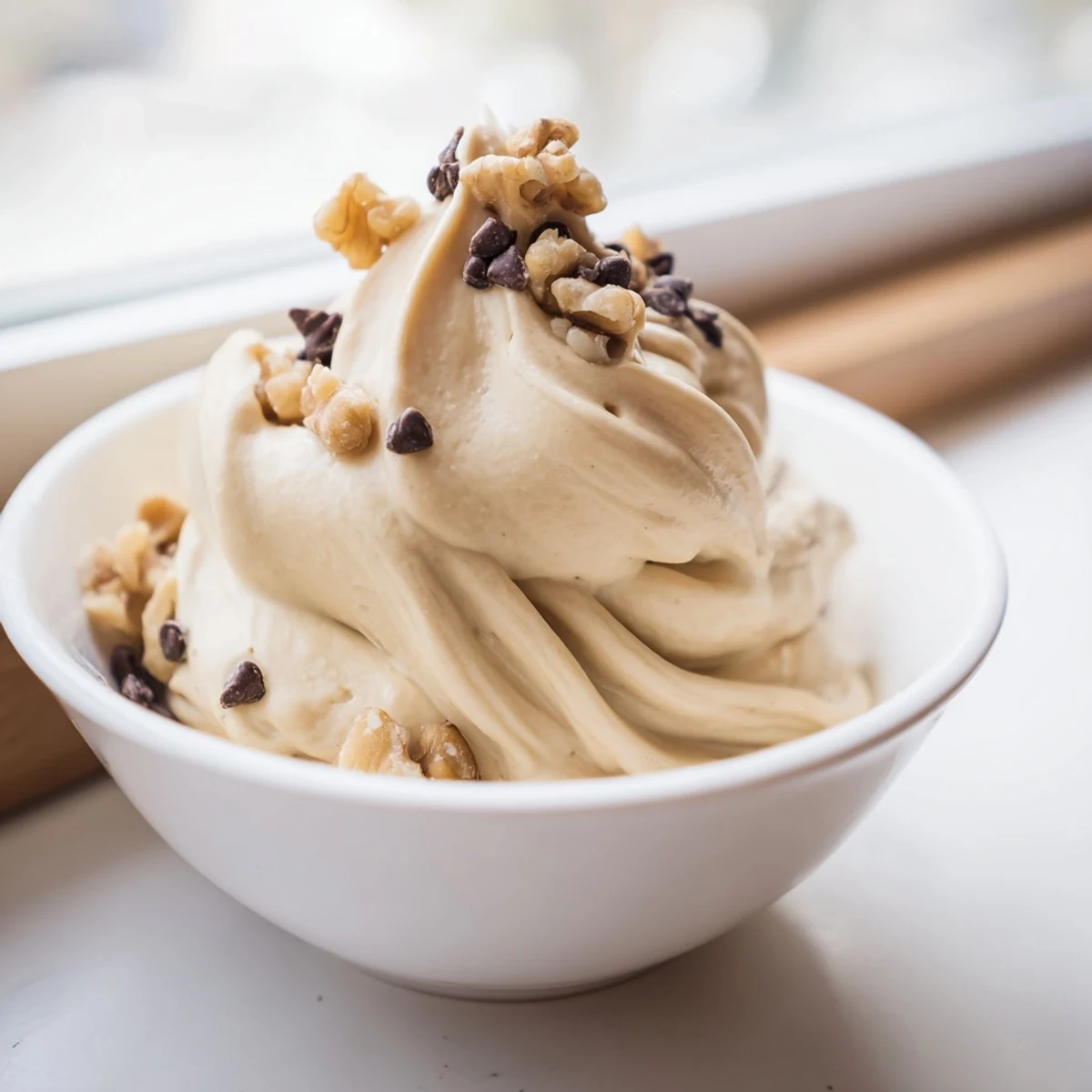 Creamy banana nice cream scooped into a bowl topped with fresh banana slices and a sprinkle of cinnamon