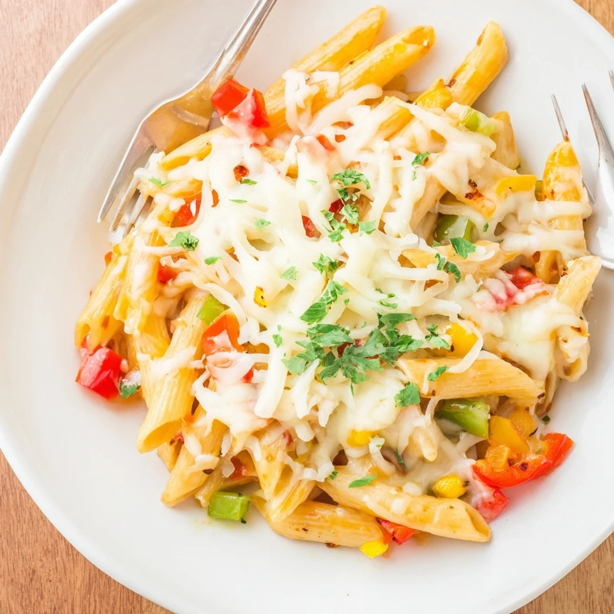 Cheesy Stuffed Pepper Skillet Pasta bubbling with melted cheese and diced peppers