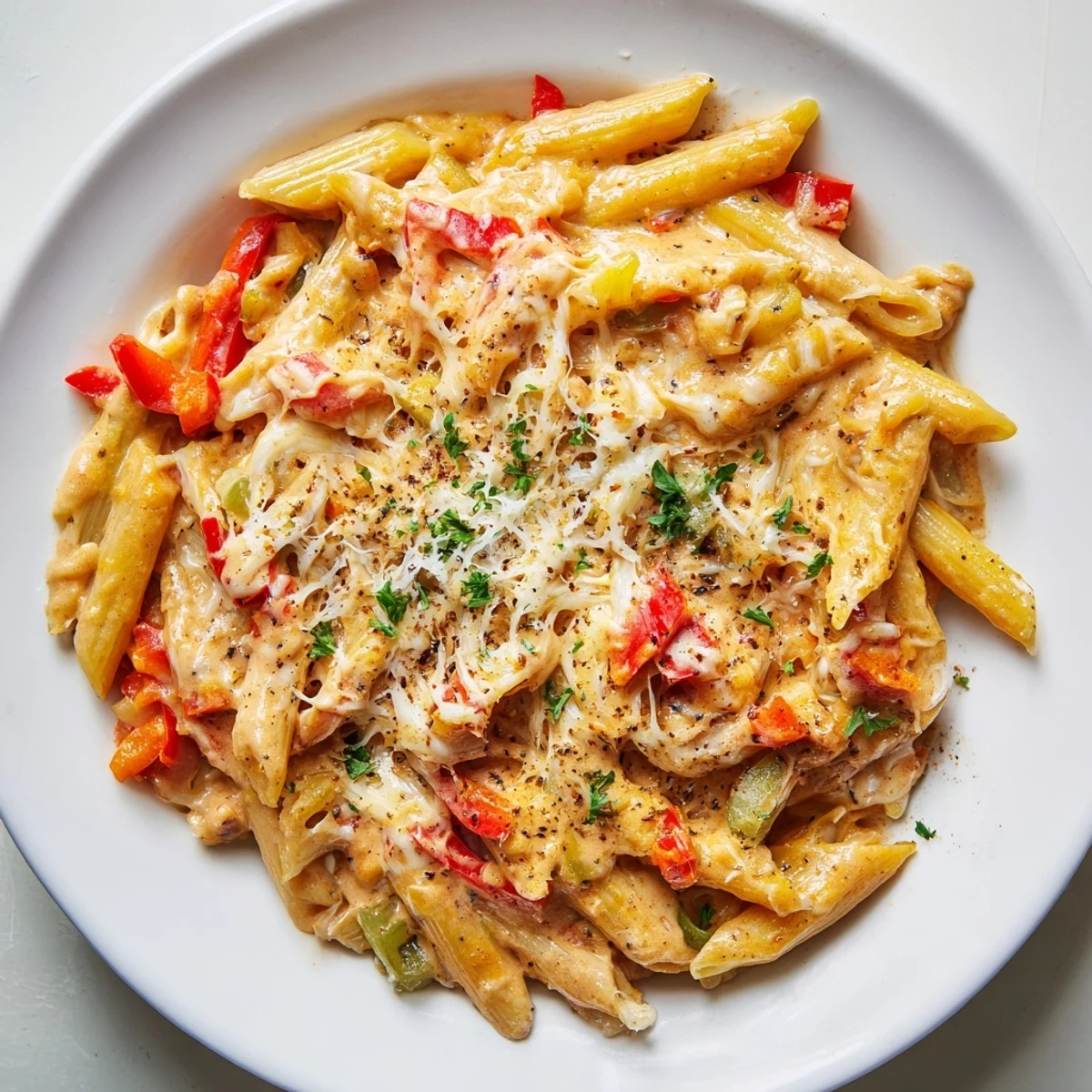 Hot, broiled Cheesy Stuffed Pepper Skillet Pasta topped with golden Parmesan crust
