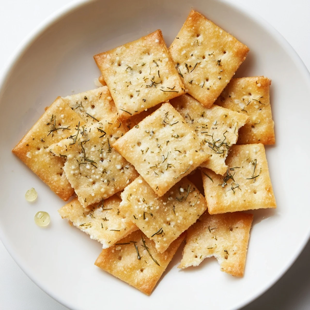 Oven-baked Dill Pickle Saltines cooling on parchment, crunchy dill-scented snack