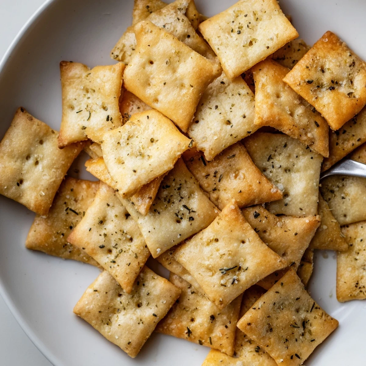 Party-ready Dill Pickle Saltines served in bowl, tangy, garlicky, flaky crunch