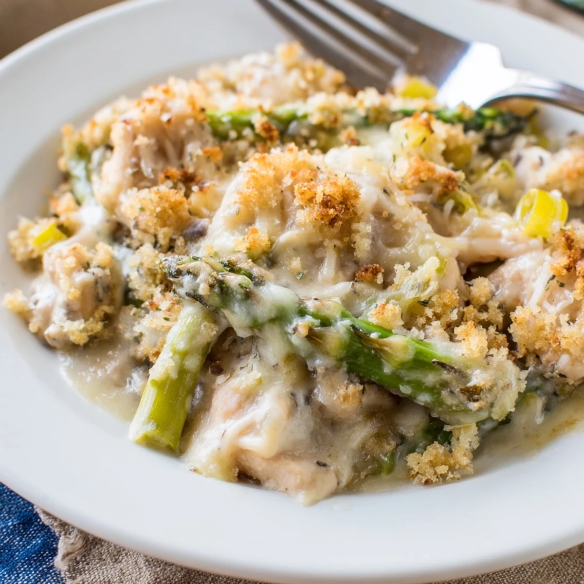 Creamy Chicken Asparagus Bake with golden bubbly cheese, asparagus tips peeking